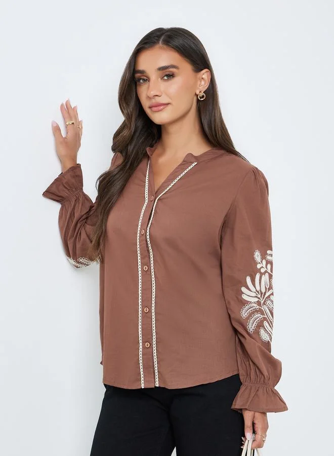 Styli Women Brown Embroidered Long Sleeve Shirt