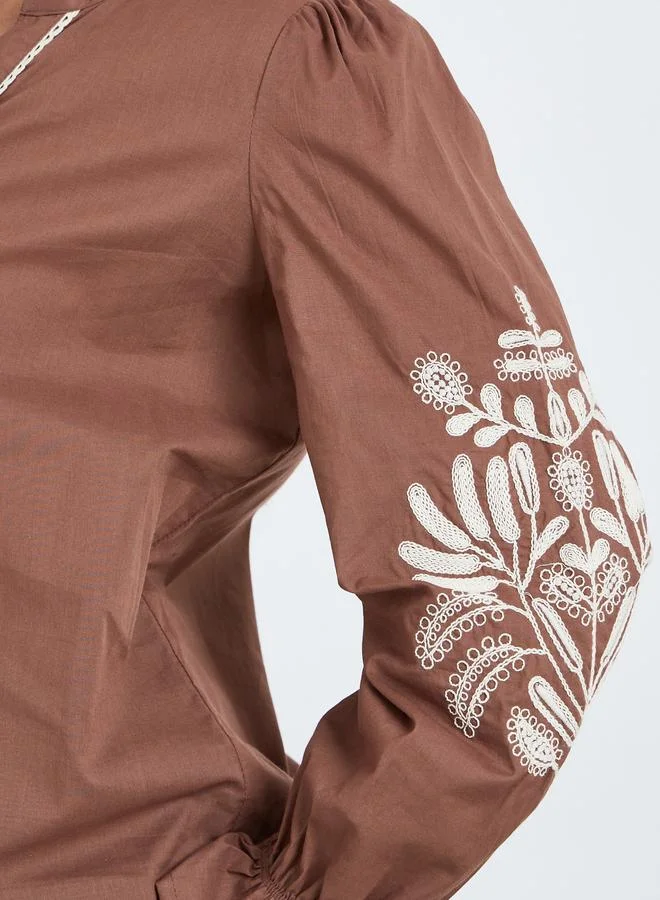Styli Women Brown Embroidered Long Sleeve Shirt