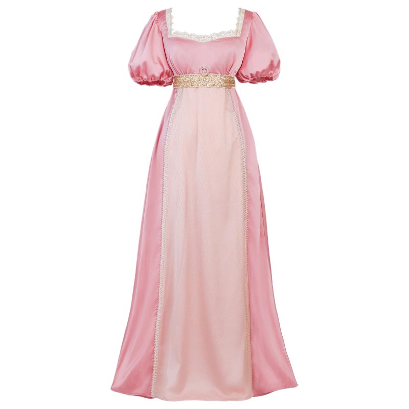 Vibsion Regency Dresses for Women Luxurious Pearls Lace Empire Waist Dress 1820s Victorian Tea Party Ball Gown Pink L - Image 1