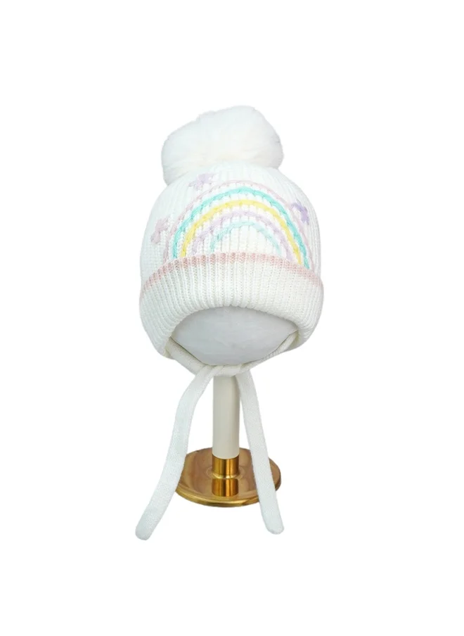 LITTLE SURPRISE BOX Cream Embroidered Rainbow Knitted Woolen Winter Cap/ Beanie For Kids.