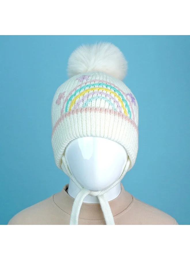 LITTLE SURPRISE BOX Cream Embroidered Rainbow Knitted Woolen Winter Cap/ Beanie For Kids.