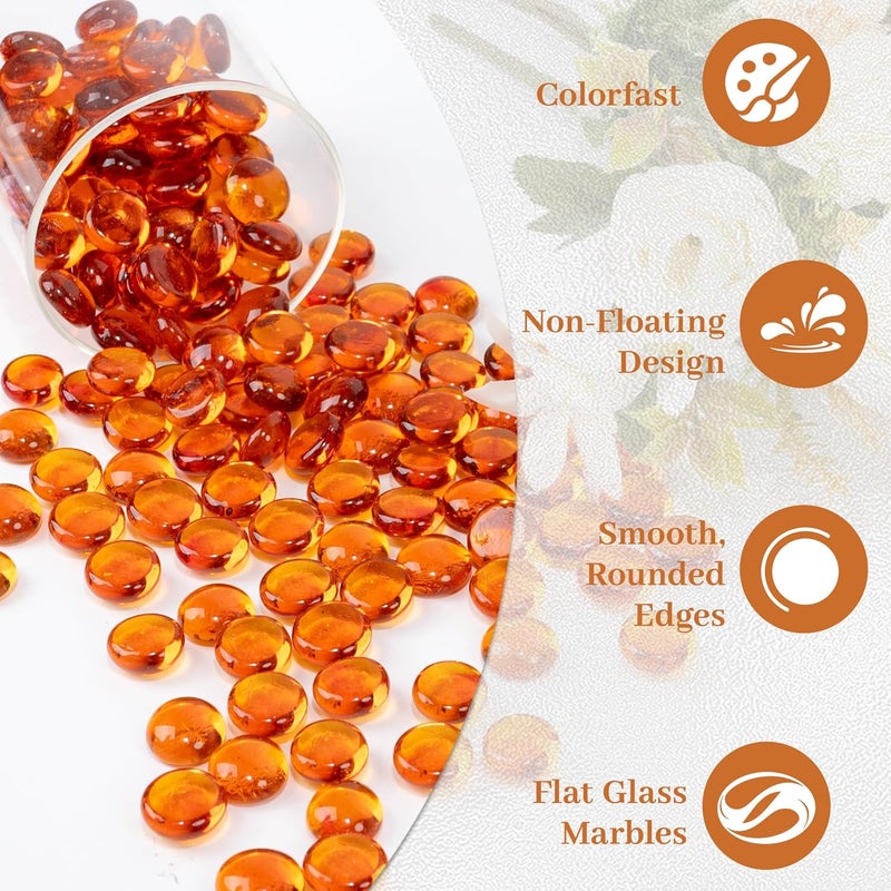 Foncomy Orange Flat Glass Marbles, 0.97 lb Vase Filler Pebbles Gems, Decorative Glass Beads for Vases, Crafts, Floral, Mancala Stones, Aquarium Rocks for Fish Tank, 0.6"-0.8" (Approx. 80-100 PCS) - Image 3