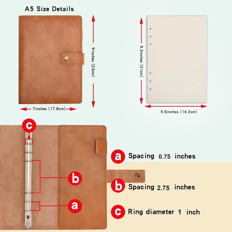 WONDERPOOL Binder Leather Travel Journal Set with Dot Grid Paper- Spiral Diary Refillable Notebook with Real Leather Inner Pockets for Man Woman (Brown, A5) - Image 2