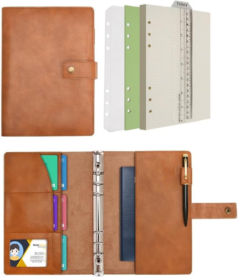 WONDERPOOL Binder Leather Travel Journal Set with Dot Grid Paper- Spiral Diary Refillable Notebook with Real Leather Inner Pockets for Man Woman (Brown, A5) - Image 1
