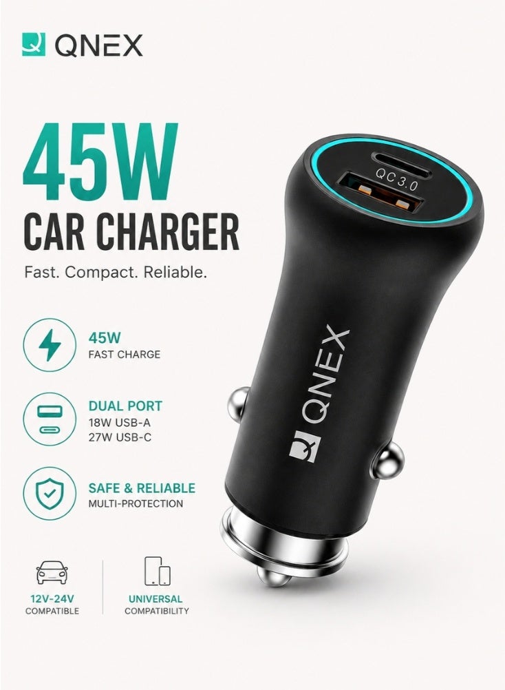 QNEX 45W Fast Car Charger Dual Port USB-A 18W & USB-C PD 27W Quick Charge 3.0 for iPhone, Samsung, Xiaomi and More - Image 1