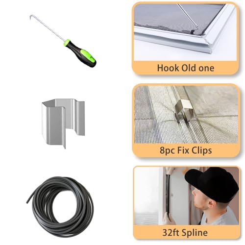 King&Charles Screen Repair Kit, King&Charles 4 in 1 Screen Roller Tools with Bearing & Removal Hook & Clips(8 pcs) & Spline(32 ft) and User Manual, for Install/Replace Door Window Mesh - Image 5