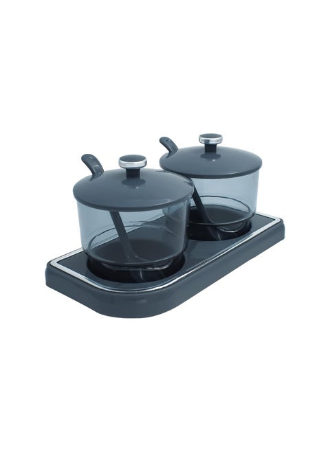 GALOOF Plastic Pickle Container Set With Spoon Lid And Tray For Dining Table Set Of 2 Condiment Storage Jar For Achar Spice Mukhvas Salt And Papper GREY