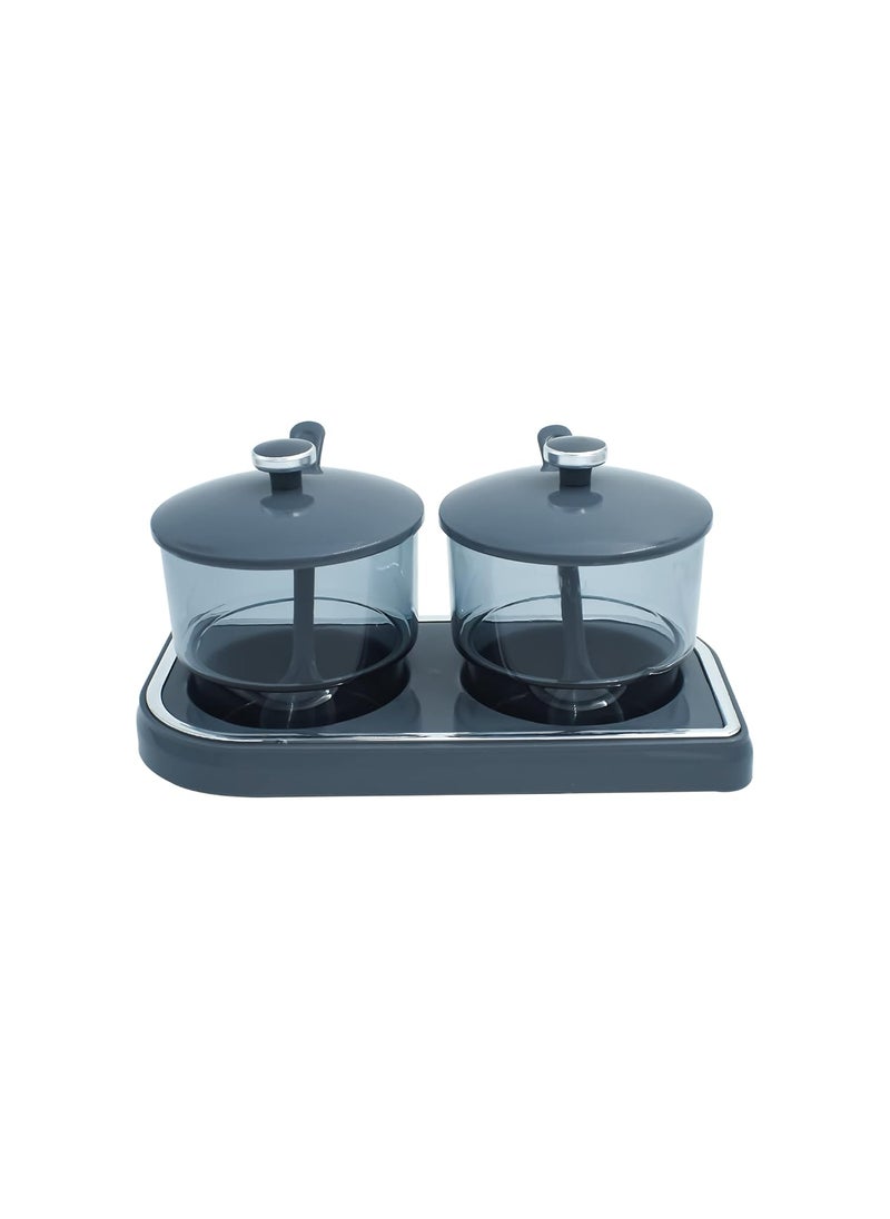 GALOOF - GALOOF Plastic Pickle Container Set With Spoon Lid And Tray For Dining Table Set Of 2 Condiment Storage Jar For Achar Spice Mukhvas Salt And Papper GREY - Image 1