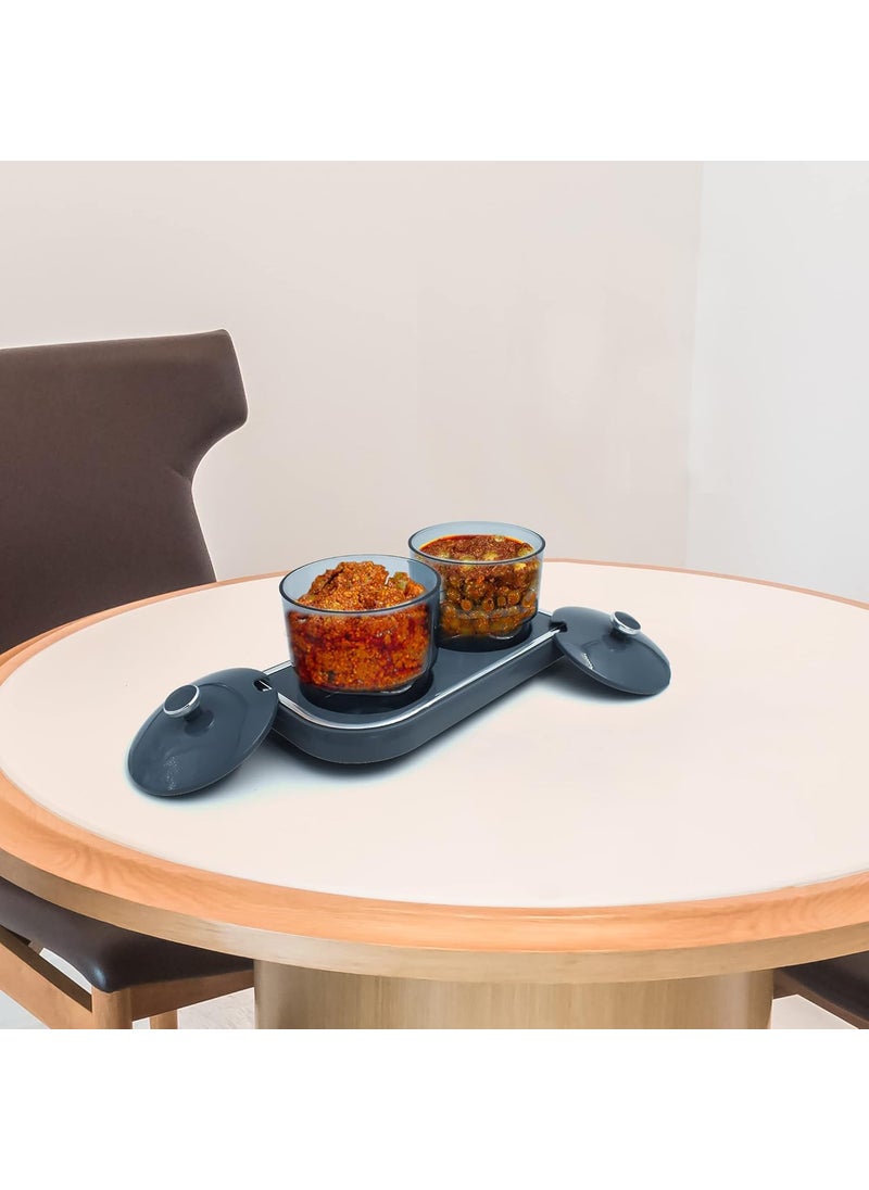 GALOOF - GALOOF Plastic Pickle Container Set With Spoon Lid And Tray For Dining Table Set Of 2 Condiment Storage Jar For Achar Spice Mukhvas Salt And Papper GREY - Image 1