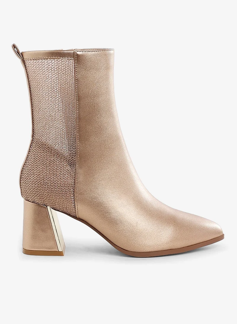 Mesh Detail Pointy Ankle Boot in Gold