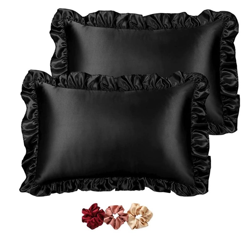 GO WELL Ruffle Satin Pillowcase for Hair and Skin Standard Size Satin Pillow Covers Silky Pillow Cases Set of 2 Satin Ruffled Pillowcase with Envelope ClosureSilk Pillow caseBlack 1000TC - Image 1