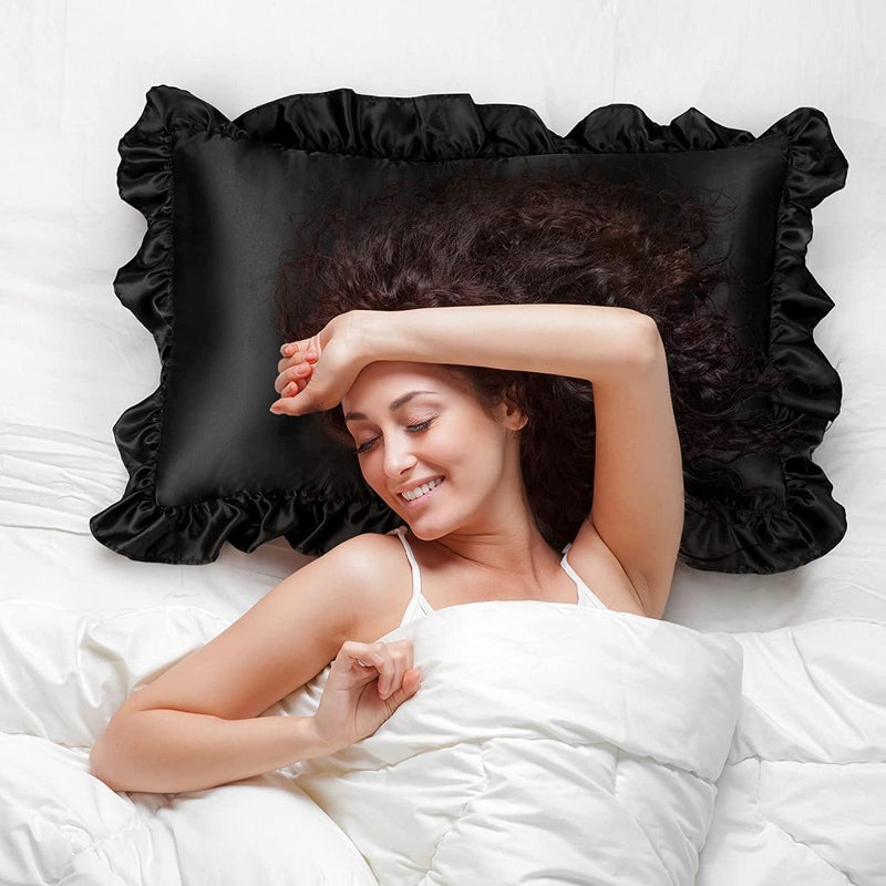 GO WELL Ruffle Satin Pillowcase for Hair and Skin Standard Size Satin Pillow Covers Silky Pillow Cases Set of 2 Satin Ruffled Pillowcase with Envelope ClosureSilk Pillow caseBlack 1000TC - Image 5
