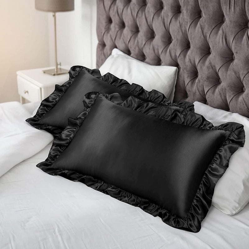 GO WELL Ruffle Satin Pillowcase for Hair and Skin Standard Size Satin Pillow Covers Silky Pillow Cases Set of 2 Satin Ruffled Pillowcase with Envelope ClosureSilk Pillow caseBlack 1000TC - Image 4