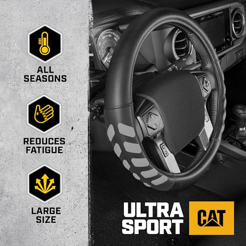 CATERPILLAR غطاء عجلة قيادة شاحنة Cat® UltraSport من الجلد الصناعي الأسود، بحجم كبير 16 بوصة، متين ومريح مع قبضة متقدمة، غطاء عجلة قيادة لشاحنة أو سيارة فان أو SUV - Image 2