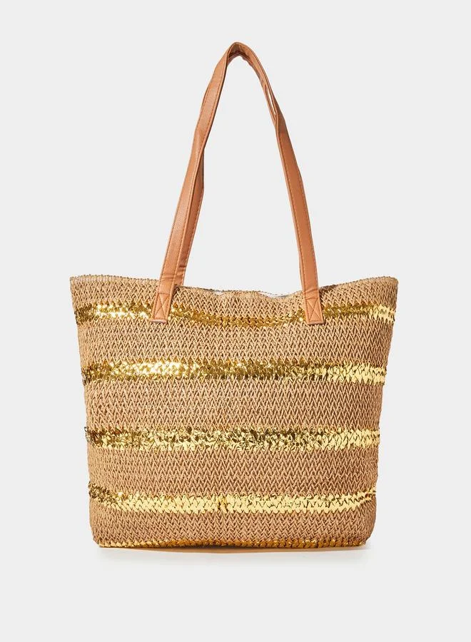 Styli Brown Patterned Striped Tote Bag