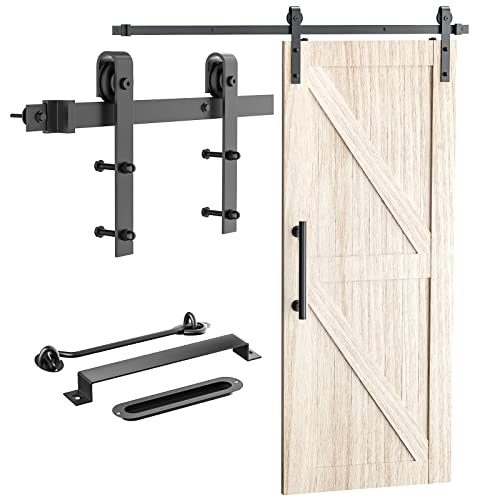 Signstek 8 FT Sliding Barn Door Hardware Kit Heavy DutySmoothly and Quietly Easy to Install with Door Hook and 2 Handles Fit 1 381 34 Thickness Black J Shape Hanger