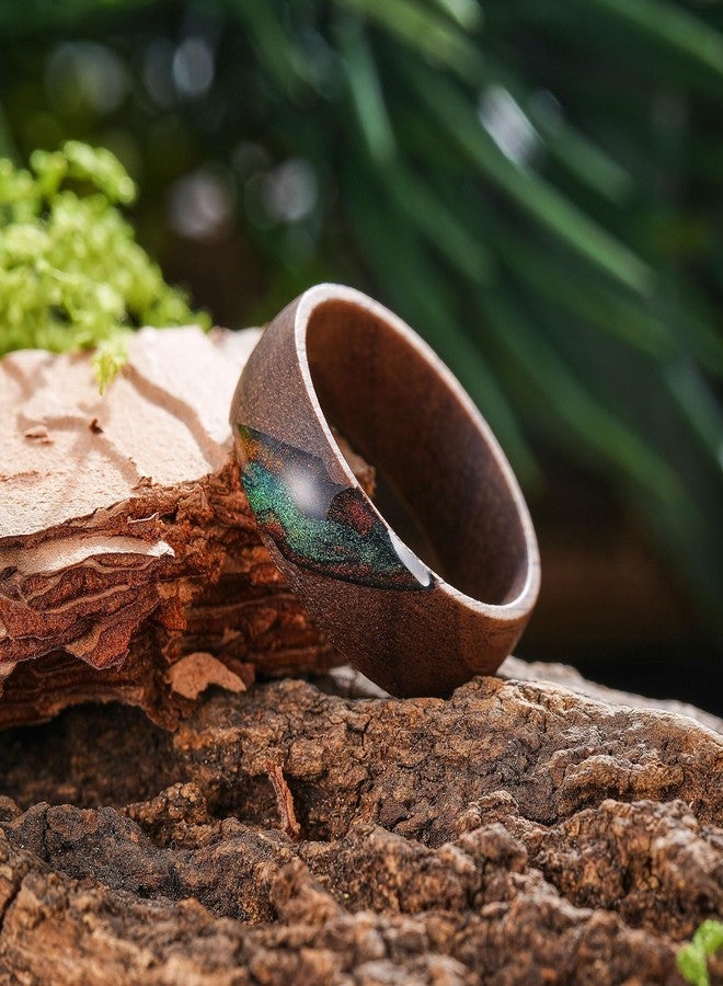 King Will 8mm Brown Wood Rings, Men's Wedding Rings Blue Green&Orange Sand Inlay Domed Ring for Men Women, Comfort Fit, Size 10 - Image 5