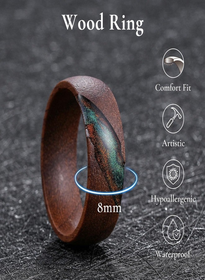 King Will 8mm Brown Wood Rings, Men's Wedding Rings Blue Green&Orange Sand Inlay Domed Ring for Men Women, Comfort Fit, Size 10 - Image 2