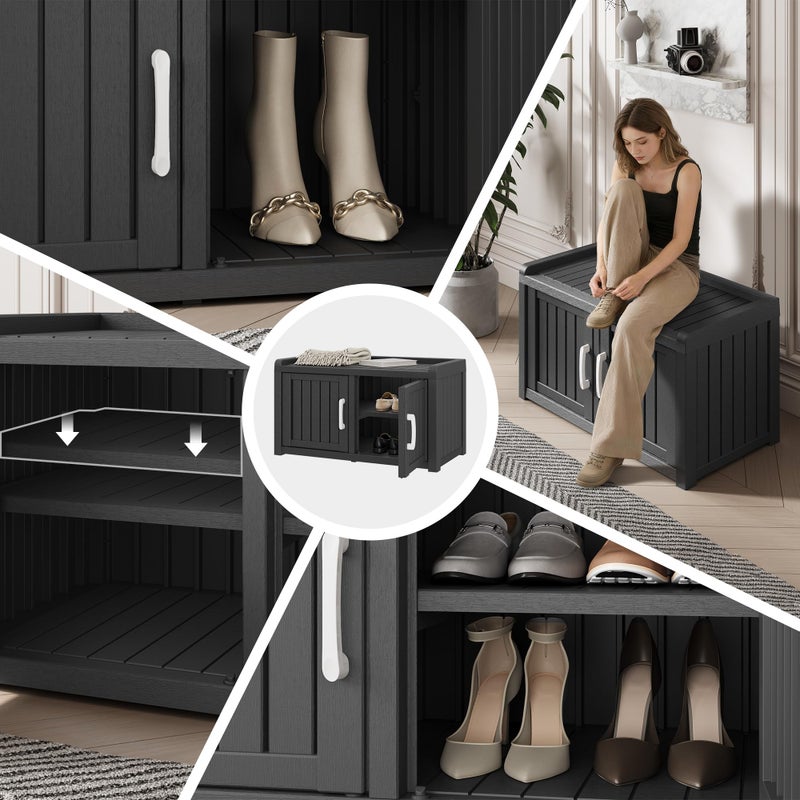 WTFGO Outdoor Shoe Bench, Waterproof UV-Resistant Indoor Resin Shoe Cabinet, Entryway Shoe Storage Bench with 2 Doors, for Entryway, Hallway, Living Room, Bedroom, Black (Two-Door) - Image 5