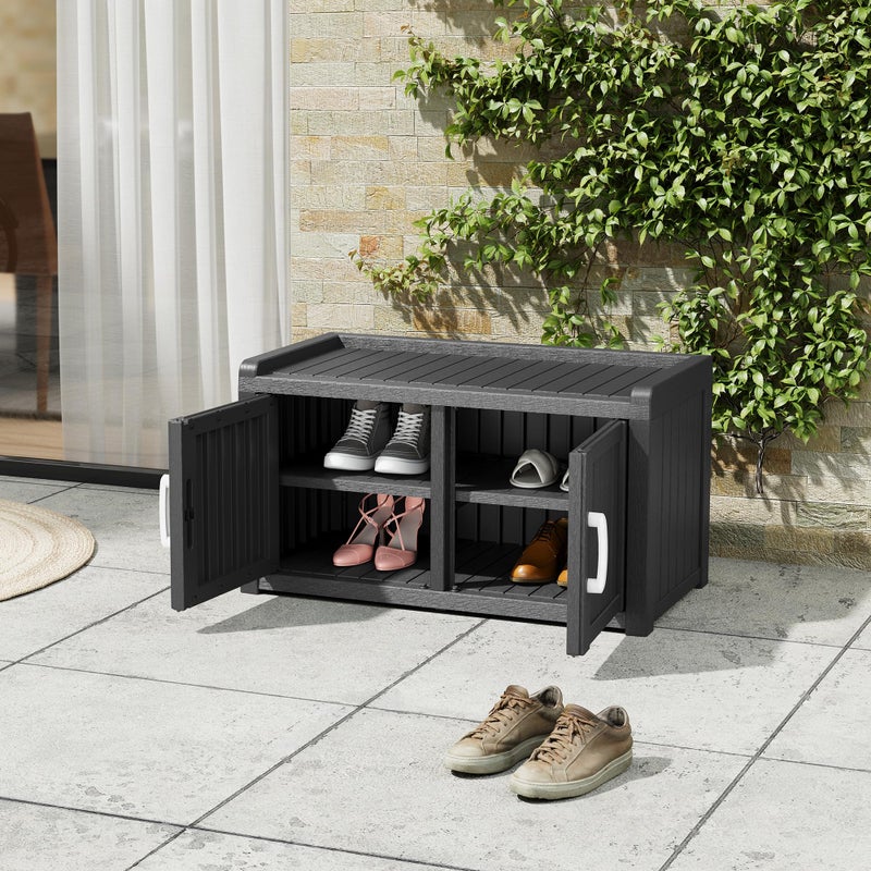 WTFGO Outdoor Shoe Bench, Waterproof UV-Resistant Indoor Resin Shoe Cabinet, Entryway Shoe Storage Bench with 2 Doors, for Entryway, Hallway, Living Room, Bedroom, Black (Two-Door) - Image 2