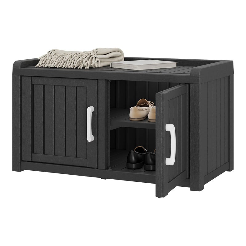 WTFGO Outdoor Shoe Bench, Waterproof UV-Resistant Indoor Resin Shoe Cabinet, Entryway Shoe Storage Bench with 2 Doors, for Entryway, Hallway, Living Room, Bedroom, Black (Two-Door) - Image 1