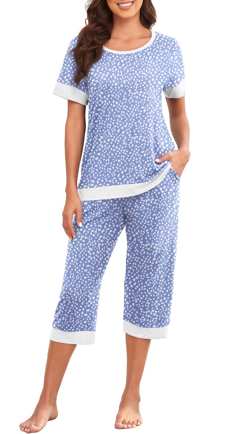 PrinStory Women's Pajama Set Short Sleeve Shirt and Capri Pants Sleepwear Pjs Sets Lounge Set Spot Blue-L - Image 1