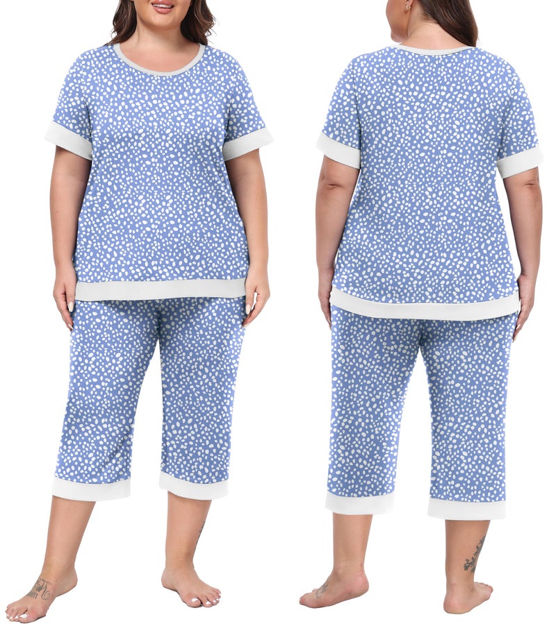 PrinStory Women's Pajama Set Short Sleeve Shirt and Capri Pants Sleepwear Pjs Sets Lounge Set Spot Blue-L - Image 4