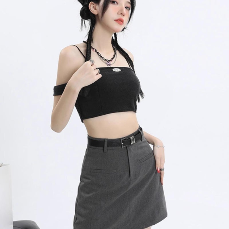 Gray Suit Skirt For Women 2024 Black High-Waisted Slimming A-Line Skirt Petite Hip-Hugging Short Skirt With Large Hem - Image 5