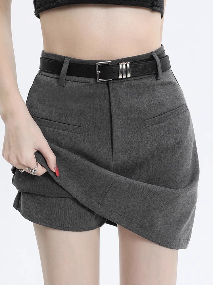 Gray Suit Skirt For Women 2024 Black High-Waisted Slimming A-Line Skirt Petite Hip-Hugging Short Skirt With Large Hem - Image 1
