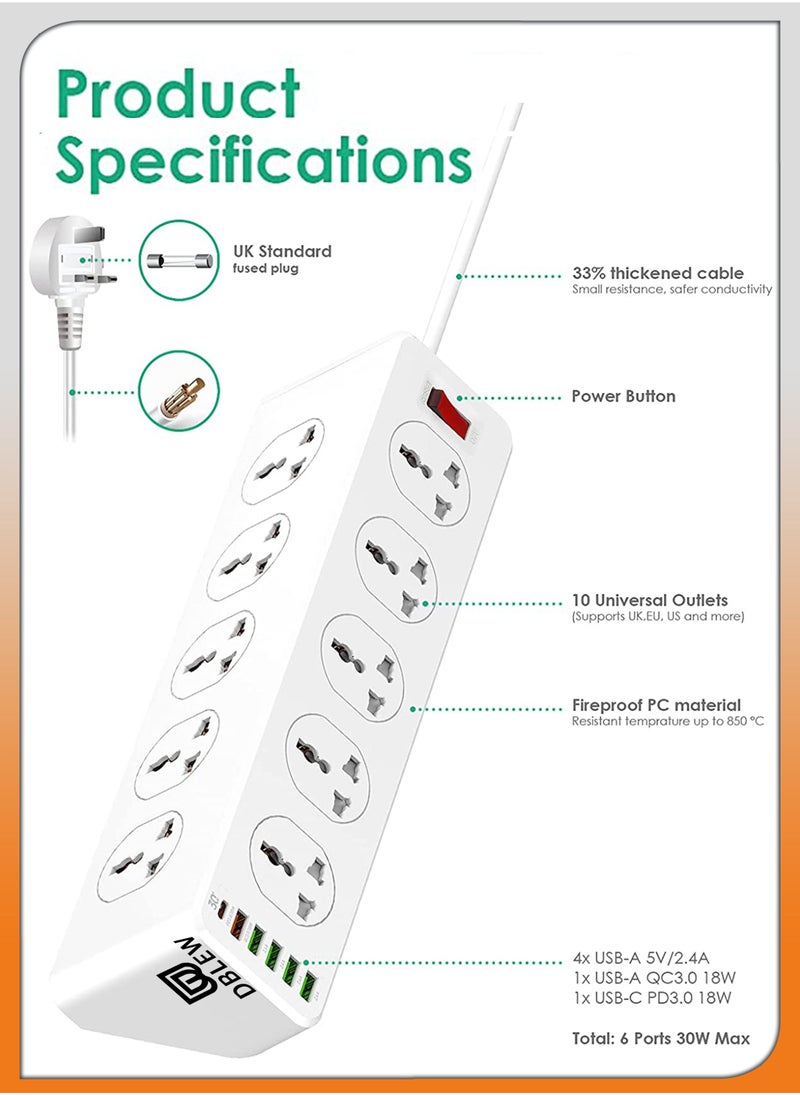 JAJEEK 2500W 10-Way Outlet Power Strip with 30W QC 3.0 PD USB-C and 5 USB-A Ports – 2 Meter Extension Cord, Surge Protection for Home & Office Use  - Image 3