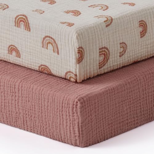 Blissful Diary Muslin Crib Sheets for Girl Boy, Boho Neutral Soft Cotton Baby Sheet for 52''x28'' Standard Crib Mattress, 2 Pack(Dusty Pink&Rainbow) - Image 1