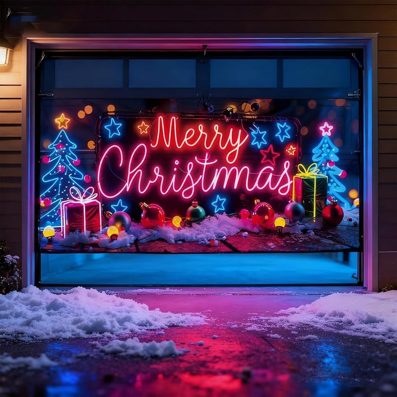 UV Activated Glowing Christmas Garage Door Cover StyleC Cartoon Santa Elf Decor - Image 3