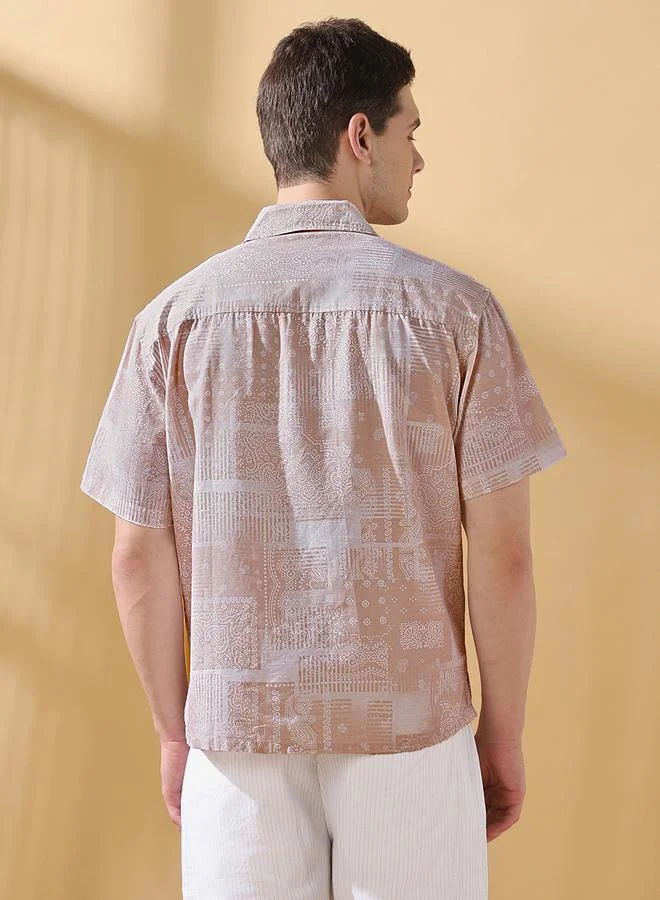 Dennis Lingo Men's Beige 100% Cotton Printed Button Down Relaxed Shirt