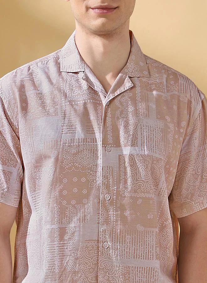 Dennis Lingo Men's Beige 100% Cotton Printed Button Down Relaxed Shirt