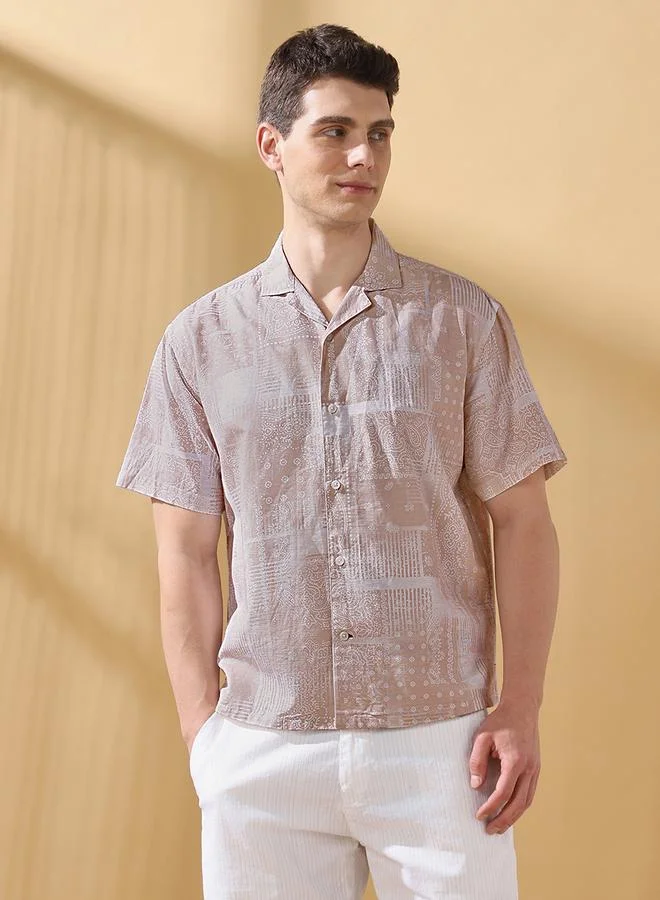 Dennis Lingo Men's Beige 100% Cotton Printed Button Down Relaxed Shirt