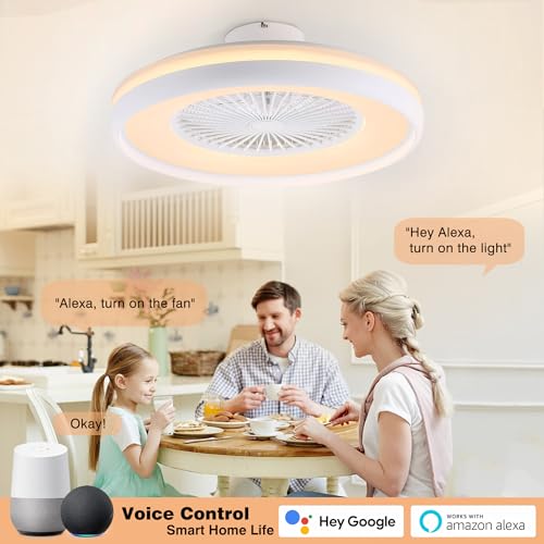 HUMHOLD 24" Bladeless Ceiling Fan with RGB Light Remote, Smart LED Ceiling Fans with Voice/App Control, Modern Low Profile Dimmable Light Ceiling Fan for Bedroom Living Room White - Image 2