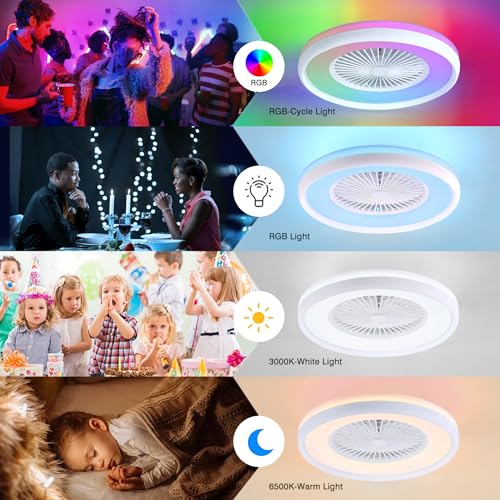 HUMHOLD 24" Bladeless Ceiling Fan with RGB Light Remote, Smart LED Ceiling Fans with Voice/App Control, Modern Low Profile Dimmable Light Ceiling Fan for Bedroom Living Room White - Image 3