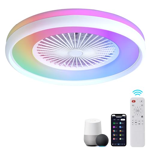 HUMHOLD 24" Bladeless Ceiling Fan with RGB Light Remote, Smart LED Ceiling Fans with Voice/App Control, Modern Low Profile Dimmable Light Ceiling Fan for Bedroom Living Room White - Image 1