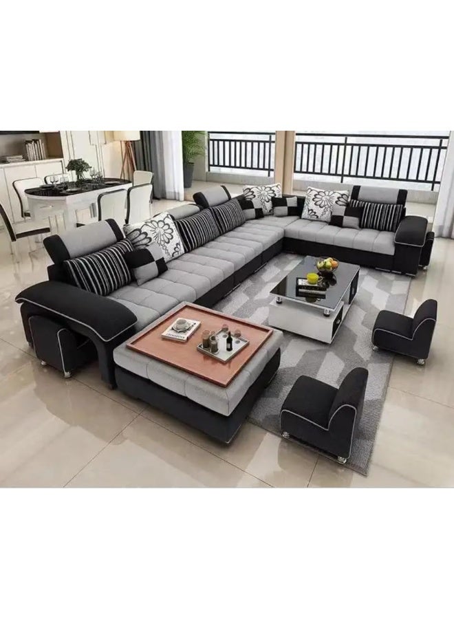 Comfynest أريكة زاوية على شكل U بإطار خشبي ووسائد عالية الكثافة – 240x360x80 سم (رمادي أسود، يمين) - Image 1