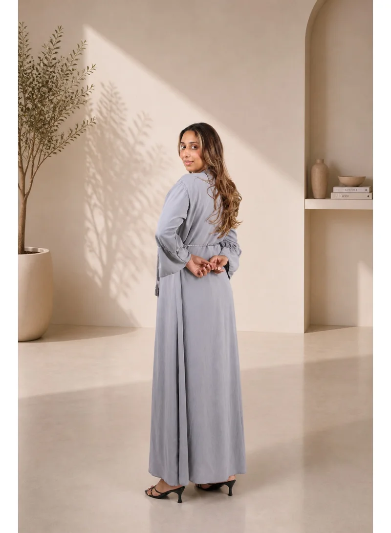 JAMEELA  Slate Grey Textured Crepe Abaya Set - Abaya, Scarf, Belt ONLY for Women | Best Price UAE