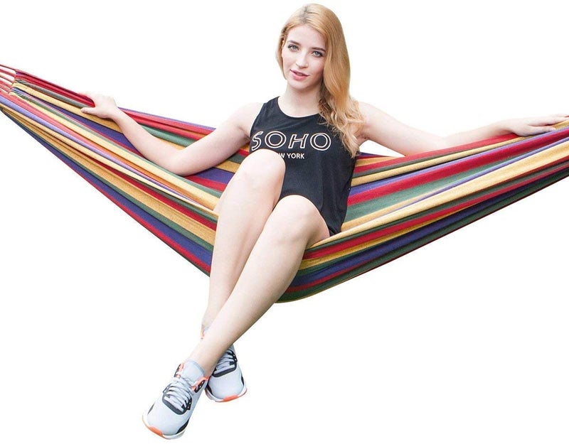 Luxafare Outdoor Camping Canvas Fabric Portable Garden Hammocks Striped Ultralight Outdoor Beach Swing with Strong RopeSingle Person - Image 2