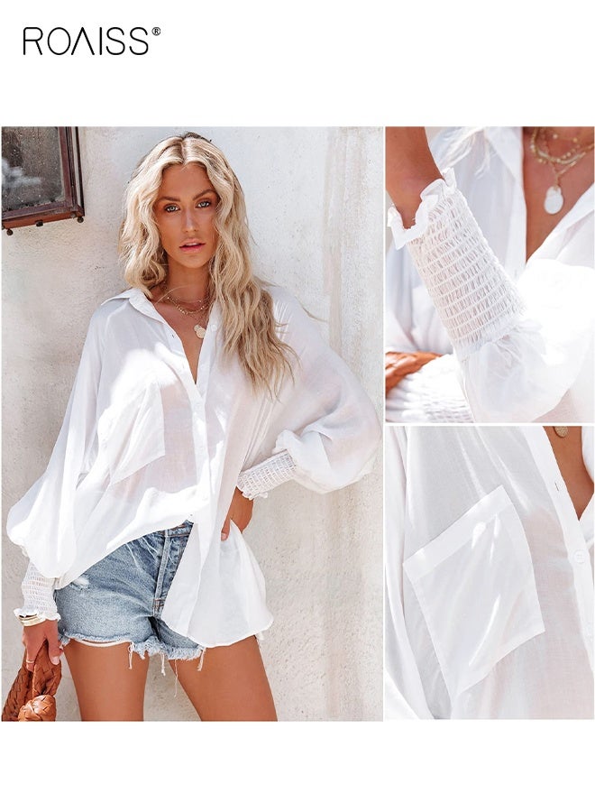 roaiss Women's Button Down Shirt Lantern Long Sleeves Shirt Oversized Casual Blouses Tops Abstract Printted For Women's Blouse Beach Vacation Sun Protection Mid Length Shirt With Pocket White  - Image 5
