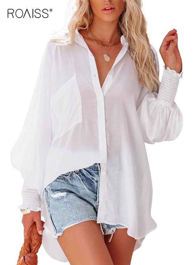 roaiss Women's Button Down Shirt Lantern Long Sleeves Shirt Oversized Casual Blouses Tops Abstract Printted For Women's Blouse Beach Vacation Sun Protection Mid Length Shirt With Pocket White  - Image 1