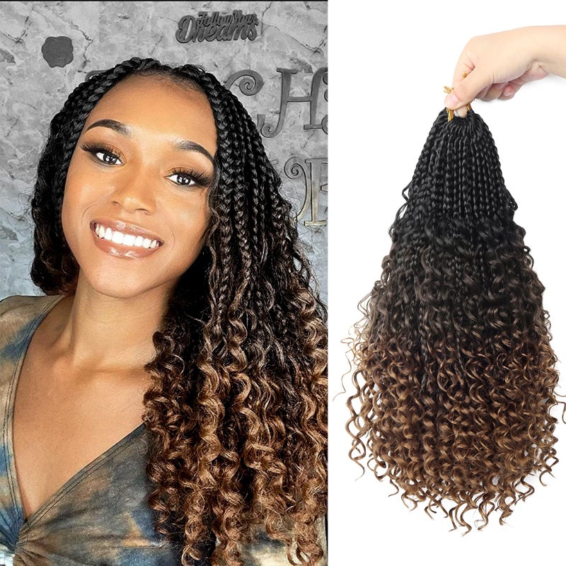 Diha Goddess Box Braids Crochet Hair With Curly Ends 14 Inch Bohomian Box Braids Crochet Braids 8 Packs 3X Crochet Braids Synthetic Braiding Hair Extension for Black Women (14 Inch (Pack of 8), 1B-4-30)â€¦â€¦ - Image 1