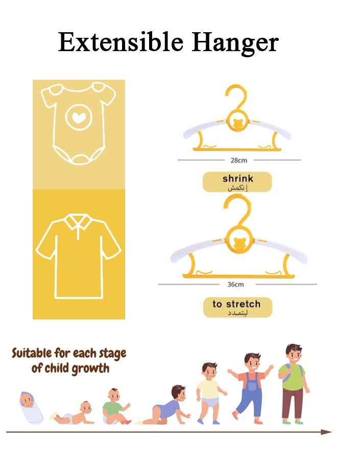 20 Pack Adjustable Baby & Kids Hangers for Nursery,Non-Slip and Extendable Plastic Hangers  for Girl Boy Toddler Kids Baby（Yellow）