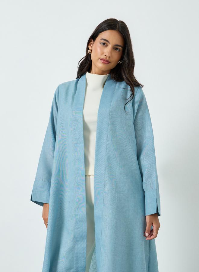 Amirah Blue Linen Look Front Open Abaya - Image 2