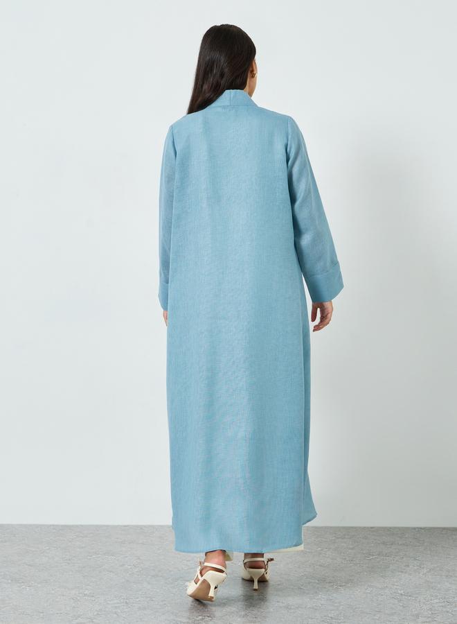 Amirah Blue Linen Look Front Open Abaya - Image 3