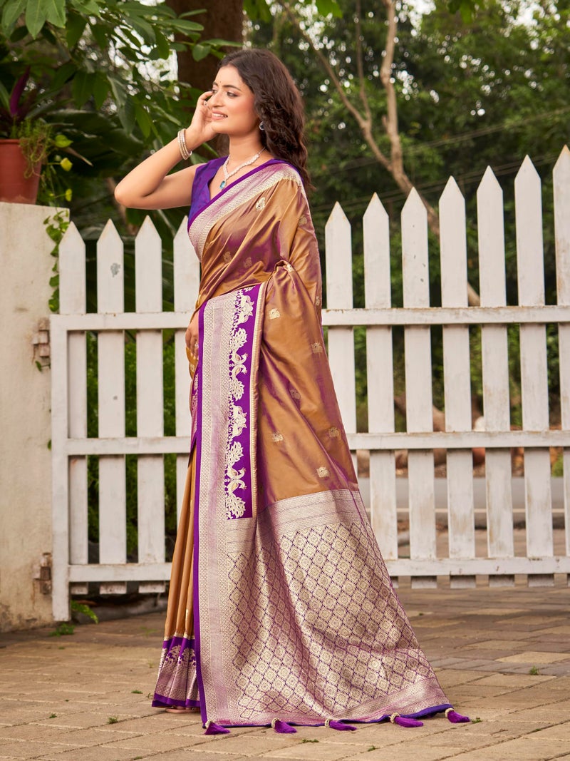 MANOHARI Women's Most Trendy Banarasi Satin Silk Woven Orange Brown Animal Design Pattern Pattern Saree With Heavy Jacquard Work Saree With Blouse Piece_MN2039 - Image 2