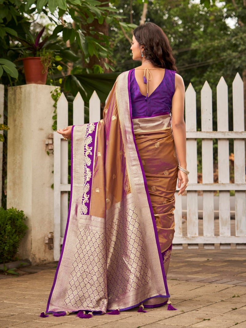 MANOHARI Women's Most Trendy Banarasi Satin Silk Woven Orange Brown Animal Design Pattern Pattern Saree With Heavy Jacquard Work Saree With Blouse Piece_MN2039 - Image 3
