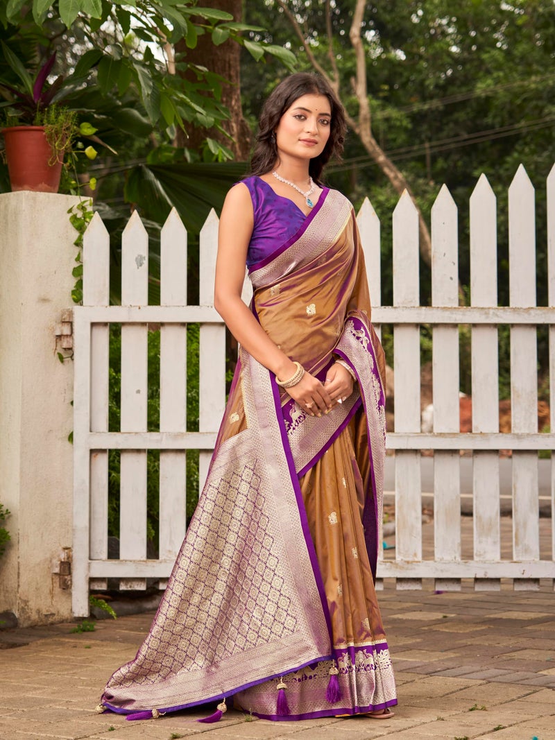 MANOHARI Women's Most Trendy Banarasi Satin Silk Woven Orange Brown Animal Design Pattern Pattern Saree With Heavy Jacquard Work Saree With Blouse Piece_MN2039 - Image 4